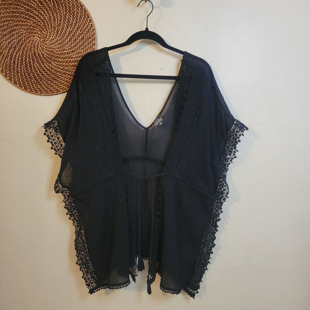 Topshop Kimono Black Lace Trim Tie Waist Double V Beach Cover Small